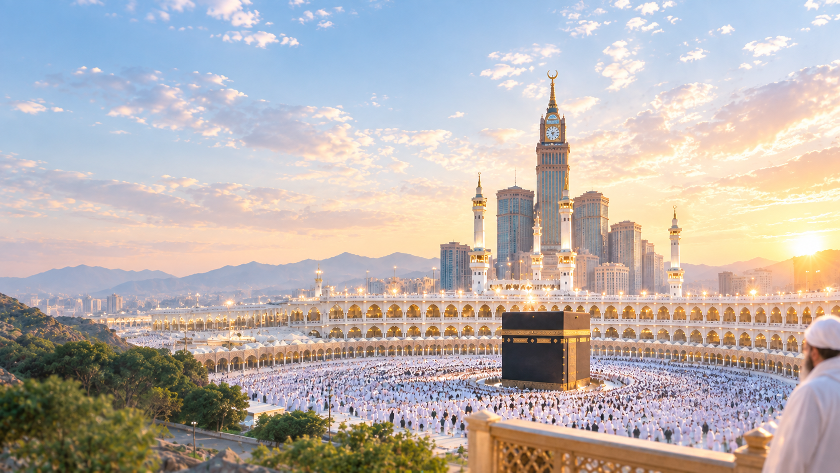 Makkah Holy Kaaba and Royal Clock Tower Panoramic Sunset